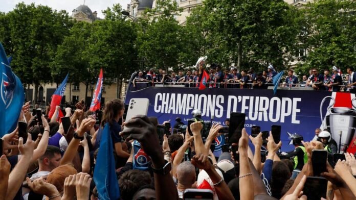 PSG parade Champions League trophy along Champs-Elysees. Video, 00:00:34PSG parade Champions League trophy along Champs-Elysees