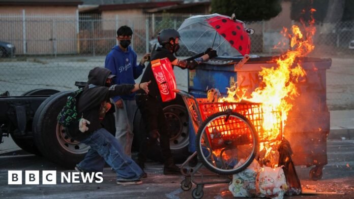 Watch: Defiance and anger on the streets of LAThe Californian city saw a second day of unrest on Saturday, with tear gas fired in the Paramount district.40 mins agoUS & Canada